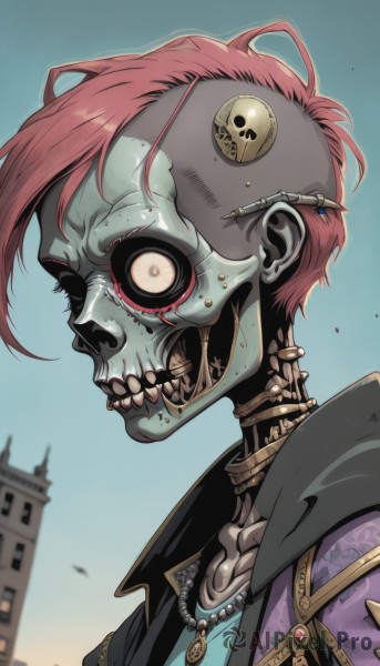 1girl,solo,looking at viewer,short hair,red eyes,1boy,jewelry,jacket,upper body,pink hair,male focus,red hair,outdoors,teeth,necklace,from side,mask,colored skin,portrait,1other,skull,green skin,zombie,skull necklace,yellow eyes,sky,black jacket,blurry background,colored sclera,one-eyed,white eyes,grey skin