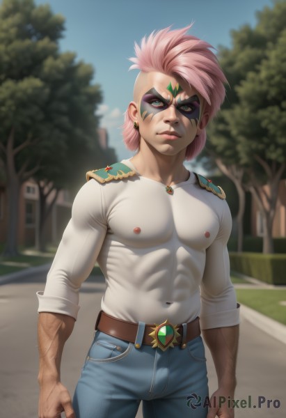 solo,looking at viewer,short hair,shirt,1boy,jewelry,closed mouth,nipples,green eyes,yellow eyes,white shirt,pink hair,male focus,earrings,outdoors,day,belt,pants,artist name,blurry,tree,lips,covered navel,tattoo,mask,muscular,blurry background,facial mark,abs,pectorals,denim,muscular male,gem,skin tight,clenched hands,veins,jeans,nose,blue pants,brown belt,biceps,domino mask,covered abs,veiny arms,1girl,blue eyes,long sleeves,standing,cowboy shot,sky,alternate costume,necklace,blue sky,watermark,scar,casual,web address,realistic,facepaint,leather belt