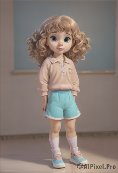 1girl,solo,long hair,looking at viewer,blue eyes,blonde hair,brown hair,shirt,long sleeves,standing,full body,shoes,shorts,socks,collared shirt,indoors,lips,loli,white socks,sneakers,child,blue shorts,curly hair,blue footwear,female child,bangs,simple background,parted lips,blurry,wavy hair,realistic