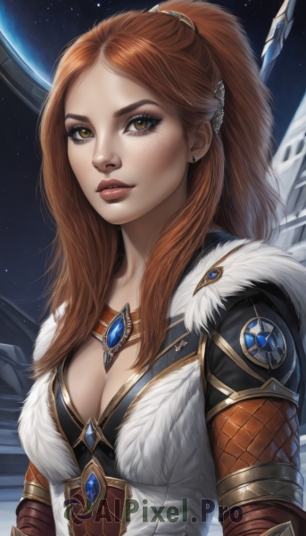 1girl,solo,long hair,breasts,looking at viewer,brown hair,hair ornament,cleavage,brown eyes,jewelry,medium breasts,upper body,ponytail,earrings,parted lips,sky,necklace,orange hair,lips,fur trim,makeup,star (sky),starry sky,freckles,nose,space,red hair,artist name,gem,fur collar,realistic