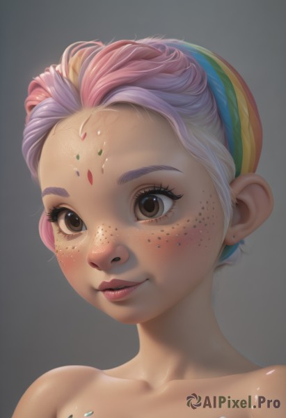 1girl,solo,looking at viewer,blush,smile,short hair,simple background,bare shoulders,brown eyes,jewelry,collarbone,pink hair,purple hair,nude,multicolored hair,hairband,earrings,parted lips,grey background,lips,eyelashes,makeup,facial mark,lipstick,portrait,forehead,freckles,realistic,nose,white background,upper body