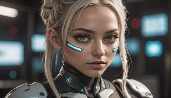 1girl,solo,long hair,looking at viewer,blonde hair,closed mouth,green eyes,sidelocks,armor,blurry,lips,grey eyes,eyelashes,bodysuit,depth of field,blurry background,portrait,freckles,science fiction,realistic,nose,ponytail,expressionless,close-up,forehead,bandaid on face