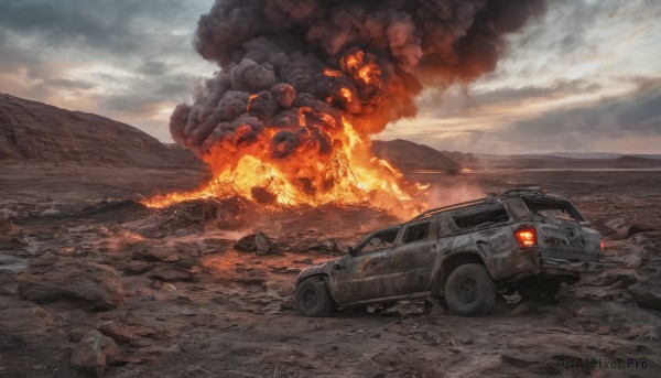 outdoors,sky,cloud,no humans,cloudy sky,fire,ground vehicle,scenery,motor vehicle,smoke,car,explosion,vehicle focus,damaged,debris,dust,burning,destruction,molten rock,ocean,mountain