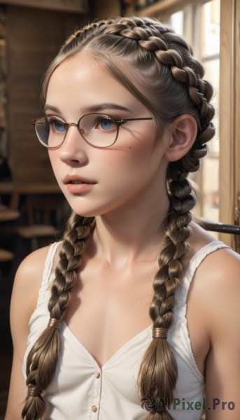 1girl,solo,long hair,breasts,looking at viewer,blue eyes,brown hair,dress,cleavage,bare shoulders,twintails,collarbone,upper body,braid,small breasts,parted lips,glasses,teeth,sleeveless,artist name,indoors,white dress,mole,blurry,twin braids,lips,mole under eye,window,blurry background,hair over shoulder,forehead,freckles,black-framed eyewear,realistic,nose,round eyewear,brown-framed eyewear,blush,shirt,white shirt,eyelashes,sunlight,tank top,crown braid