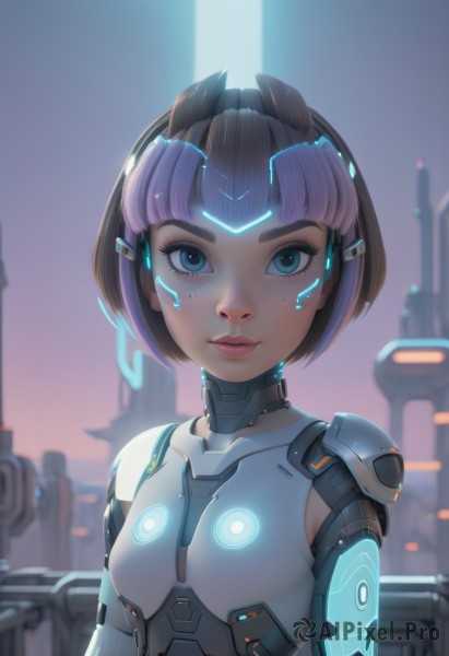 1girl,solo,breasts,looking at viewer,smile,short hair,bangs,blue eyes,brown hair,closed mouth,upper body,pink hair,purple hair,multicolored hair,small breasts,artist name,blunt bangs,armor,two-tone hair,lips,eyelashes,bodysuit,makeup,glowing,headgear,watermark,bob cut,lipstick,backlighting,freckles,science fiction,pink lips,nose,joints,mechanical arms,cyborg,robot joints,neon trim,cyberpunk,black hair,facial mark,eyeshadow,android