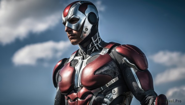 solo,1boy,upper body,male focus,sky,cloud,armor,blurry,bodysuit,blurry background,helmet,cloudy sky,realistic,superhero,red bodysuit,day,muscular