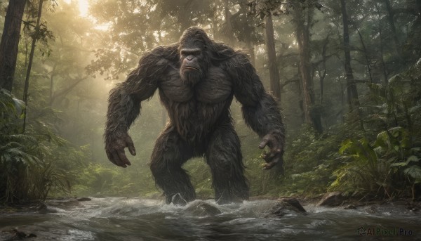 solo,1boy,standing,outdoors,teeth,day,water,tree,no humans,sunlight,plant,nature,scenery,claws,furry,wading,forest,monster,rock,realistic,bear,kaijuu