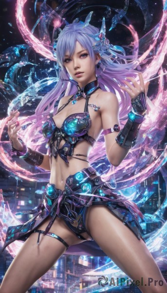 1girl,solo,long hair,breasts,looking at viewer,hair ornament,navel,cleavage,bare shoulders,jewelry,medium breasts,standing,purple eyes,purple hair,earrings,parted lips,midriff,nail polish,armor,lips,thigh strap,armlet,realistic,bikini armor,blue eyes,swimsuit,multicolored hair,watermark,fantasy