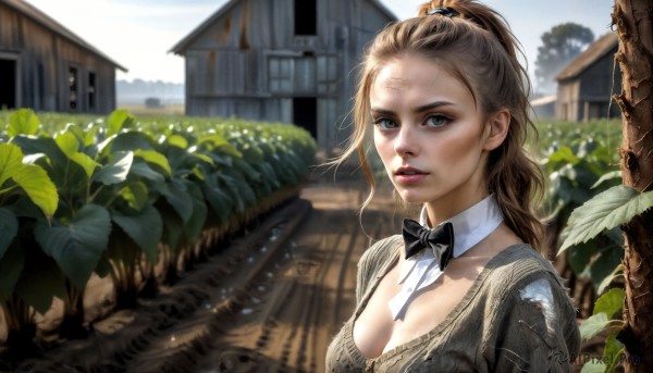 HQ,1girl,solo,long hair,breasts,looking at viewer,large breasts,brown hair,hair ornament,bow,cleavage,brown eyes,medium breasts,upper body,ponytail,outdoors,parted lips,day,bowtie,blurry,tree,lips,black bow,detached collar,leaf,plant,building,black bowtie,realistic,house,dirty,hair pulled back,blonde hair,green eyes,teeth,sunlight,scrunchie,scenery,garden