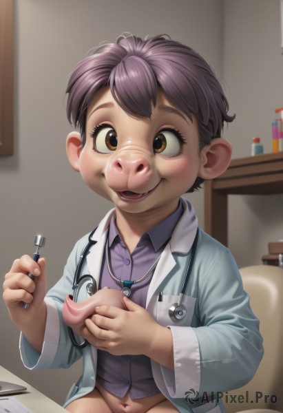 1girl,solo,looking at viewer,blush,smile,short hair,open mouth,brown hair,shirt,long sleeves,navel,holding,brown eyes,sitting,purple hair,indoors,loli,bottomless,chair,realistic,labcoat,purple shirt,pen,pencil,clipboard,holding pen,stethoscope,doctor,black hair,1boy,male focus,collared shirt,necklace,lips,pubic hair,male child,out-of-frame censoring