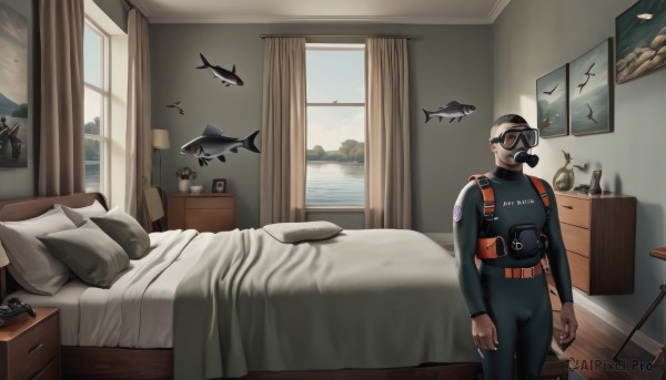 solo,1boy,weapon,male focus,belt,indoors,uniform,gun,pillow,military,window,bodysuit,bed,mask,bird,on bed,helmet,curtains,goggles,handgun,clock,lamp,pilot suit,bedroom,painting (object),gas mask,diving mask,radio,walkie-talkie,black hair,standing,book,facial hair,chair,phone,stuffed toy,stuffed animal,desk,clenched hands,fish,mustache,shark,drawer,cabinet,desk lamp,chest of drawers,wetsuit,portrait (object)