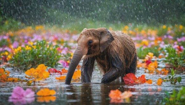 flower, outdoors, water, blurry, no humans, animal, rain, water drop, realistic, frog, animal focus