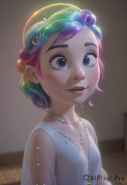 1girl,solo,breasts,looking at viewer,smile,short hair,blue eyes,hair ornament,dress,jewelry,purple eyes,collarbone,upper body,pink hair,purple hair,multicolored hair,earrings,small breasts,parted lips,green hair,teeth,sleeveless,artist name,indoors,signature,necklace,white dress,blurry,bracelet,two-tone hair,lips,see-through,eyelashes,gradient hair,makeup,blurry background,watermark,lipstick,gem,web address,eyeshadow,personification,freckles,nose,mascara,rainbow hair,open mouth,blue hair