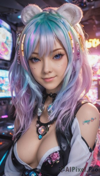 1girl,solo,long hair,breasts,looking at viewer,smile,bangs,blue eyes,hair ornament,animal ears,cleavage,bare shoulders,jewelry,medium breasts,closed mouth,blue hair,upper body,pink hair,purple hair,multicolored hair,detached sleeves,choker,necklace,mole,blurry,two-tone hair,lips,clothing cutout,eyelashes,tattoo,gradient hair,blurry background,floral print,cleavage cutout,gem,pendant,freckles,realistic,nose,cyberpunk,flower,vest,mole under eye,makeup,facial mark,pink lips,bear ears