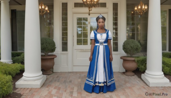 1girl,solo,long hair,looking at viewer,black hair,dress,jewelry,standing,full body,braid,short sleeves,belt,indoors,dark skin,necklace,dark-skinned female,window,blue dress,sandals,tiara,plant,pillar,brown hair,brown eyes,earrings,lips,potted plant,column