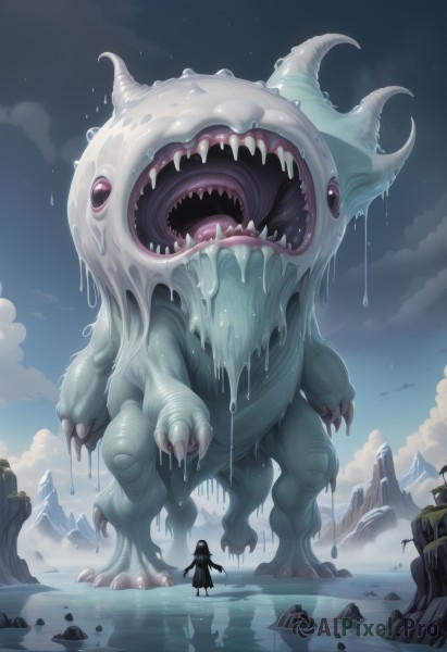 1girl,solo,long hair,open mouth,black hair,standing,weapon,outdoors,horns,sky,teeth,cloud,water,cape,saliva,cloudy sky,sharp teeth,scenery,claws,1other,reflection,monster,rock,mountain,fantasy,giant,day,size difference,silhouette,dripping,eldritch abomination