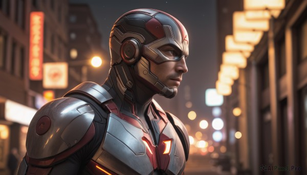 solo,1boy,brown eyes,upper body,male focus,outdoors,armor,blurry,from side,profile,night,depth of field,blurry background,facial hair,helmet,building,science fiction,city,realistic,stubble,cyborg,power armor,blue eyes,sky,lips,bodysuit,mask,portrait,night sky,bald,superhero