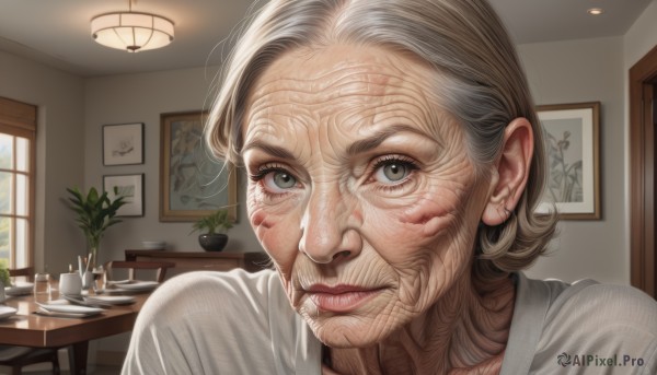 1girl,solo,looking at viewer,short hair,shirt,jewelry,closed mouth,white shirt,white hair,grey hair,earrings,indoors,cup,lips,grey eyes,window,table,plant,portrait,teacup,realistic,nose,potted plant,lamp,candle,old,old man,picture frame,painting (object),old woman,wrinkled skin,portrait (object),blonde hair,green eyes,facial hair