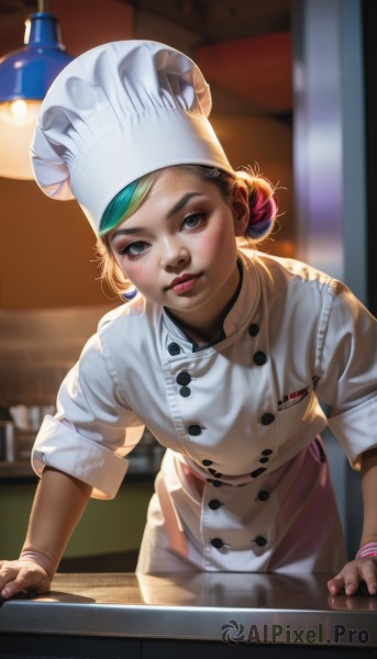 1girl,solo,looking at viewer,smile,short hair,blue eyes,blonde hair,hat,standing,multicolored hair,parted lips,green hair,artist name,indoors,hair bun,blurry,apron,lips,streaked hair,makeup,leaning forward,buttons,blurry background,white headwear,waist apron,sleeves rolled up,freckles,realistic,nose,red lips,double-breasted,chef hat,chef,mole on cheek,jewelry,green eyes,two-tone hair,double bun,single hair bun