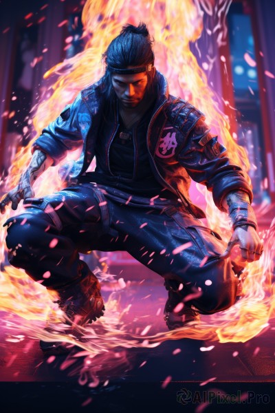 solo,shirt,black hair,gloves,1boy,jewelry,jacket,closed eyes,male focus,boots,pants,fingerless gloves,necklace,blurry,open jacket,tattoo,blurry background,headband,facial hair,squatting,fire,beard,mechanical arms,single mechanical arm,looking at viewer,short hair,holding,blue hair,full body,weapon,open clothes,shoes,artist name,black footwear,armor,bracelet,black jacket,black shirt,glowing,watermark,black pants,ring,knife,facing viewer,bandana,blue pants,ninja,arm tattoo,aura,topknot,dog tags,kunai,black headband,dreadlocks,pyrokinesis