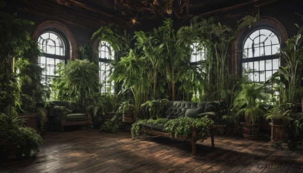 day,indoors,tree,no humans,window,chair,table,sunlight,plant,scenery,couch,wooden floor,stairs,potted plant,vines,chandelier,overgrown,fantasy