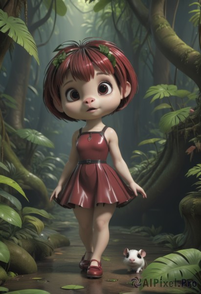 1girl,solo,looking at viewer,short hair,bangs,brown hair,hair ornament,dress,brown eyes,standing,full body,red hair,outdoors,parted lips,shoes,sleeveless,belt,tree,bare arms,sleeveless dress,animal,leaf,red dress,plant,red footwear,child,nature,mary janes,forest,walking,female child,mouse,smile,bare shoulders,lips,sunlight,frog,leaf on head