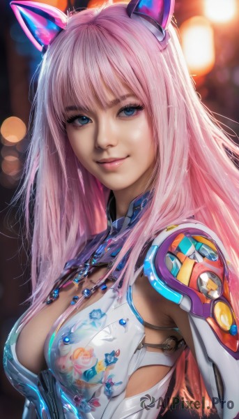 1girl,solo,long hair,breasts,looking at viewer,smile,bangs,blue eyes,large breasts,animal ears,cleavage,medium breasts,closed mouth,upper body,pink hair,cat ears,blurry,lips,clothing cutout,bodysuit,makeup,blurry background,fake animal ears,floral print,cleavage cutout,realistic,nose,bokeh,jewelry,artist name,necklace,from side,eyelashes,depth of field,eyeshadow