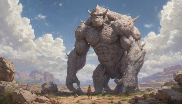 1girl,short hair,red eyes,1boy,standing,weapon,boots,outdoors,multiple boys,horns,sky,day,sword,cloud,2boys,bag,armor,looking at another,blue sky,muscular,cloudy sky,grass,scenery,claws,spikes,monster,rock,mountain,fantasy,size difference,giant,cape,bird,realistic,ruins