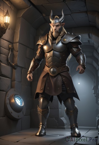 solo,long hair,blonde hair,1boy,brown eyes,standing,full body,male focus,boots,horns,pointy ears,indoors,armor,glowing,facial hair,helmet,shoulder armor,gauntlets,beard,pauldrons,lantern,breastplate,vambraces,armored boots,lamp,fake horns,greaves,horned helmet,looking at viewer,animal ears,closed mouth,belt,pants,black pants,clenched hand,brown gloves,fantasy,cow ears,light,cow horns