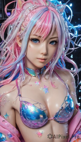 1girl,solo,long hair,breasts,looking at viewer,smile,bangs,blue eyes,hair ornament,cleavage,bare shoulders,jewelry,medium breasts,closed mouth,blue hair,collarbone,jacket,swimsuit,upper body,pink hair,bikini,multicolored hair,small breasts,open clothes,choker,shiny,artist name,water,off shoulder,star (symbol),two-tone hair,lips,shiny skin,eyelashes,makeup,bikini top only,blue bikini,pink lips,realistic,nose,mascara,animal ears,hair between eyes,streaked hair,tattoo,gradient hair,detached collar,watermark,expressionless,gem,web address,bubble,shiny clothes,water drop,air bubble,deviantart username