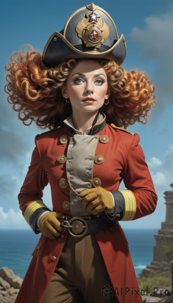 1girl,solo,long hair,brown hair,gloves,long sleeves,hat,brown eyes,jewelry,cowboy shot,earrings,outdoors,parted lips,sky,day,belt,pants,cloud,water,uniform,blue sky,lips,coat,looking to the side,military,military uniform,makeup,buttons,ocean,lipstick,red jacket,brown gloves,curly hair,rock,red lips,looking afar,brown pants,red coat,medal,looking at viewer,standing,blurry,wind,yellow gloves,pirate hat,pirate