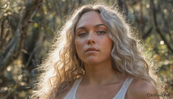 1girl,solo,long hair,looking at viewer,blonde hair,brown eyes,collarbone,upper body,outdoors,parted lips,blurry,tree,lips,depth of field,blurry background,wavy hair,tank top,looking up,portrait,freckles,curly hair,realistic,nose,white tank top,dress,bare shoulders,jewelry,day,necklace,sunlight,thick eyebrows,nature,backlighting,bokeh