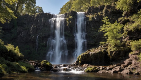 outdoors,sky,day,water,tree,blue sky,no humans,nature,scenery,forest,rock,river,waterfall,landscape,cliff,moss,cloud,stream