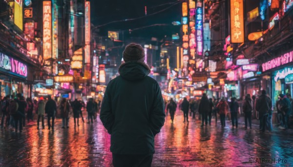 male focus, outdoors, sky, solo focus, hood, from behind, night, building, night sky, scenery, reflection, 6+boys, city, sign, hands in pockets, road, street, crowd, city lights, neon lights, people, real world location