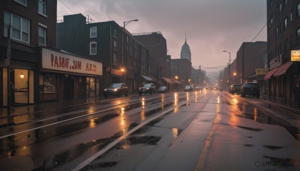 outdoors,sky,cloud,no humans,window,night,cloudy sky,ground vehicle,building,scenery,motor vehicle,reflection,rain,city,sign,car,road,cityscape,power lines,lamppost,street,utility pole,road sign,puddle,grey sky,traffic light,crosswalk,english text,sunset,evening,real world location,sidewalk