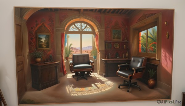 sky,day,cloud,indoors,tree,book,no humans,window,shadow,chair,table,sunlight,plant,curtains,scenery,desk,wooden floor,door,bookshelf,lamp,shade,computer,monitor,shelf,vase,painting (object),carpet,flower pot,portrait (object),potted plant,office chair,still life