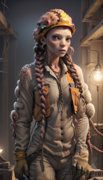 1girl,solo,long hair,breasts,looking at viewer,brown hair,gloves,long sleeves,hat,jewelry,green eyes,braid,cowboy shot,earrings,parted lips,twin braids,lips,fur trim,helmet,tentacles,brown gloves,zipper,freckles,pocket,realistic,nose,lamp,dirty,jumpsuit,dirty face,light bulb,holding,jacket,artist name,necklace,chain,goggles,overalls,wrench,dirty clothes