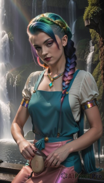 1girl,solo,long hair,breasts,looking at viewer,smile,bangs,shirt,hair ornament,holding,brown eyes,jewelry,medium breasts,sitting,very long hair,closed mouth,blue hair,collarbone,white shirt,pink hair,braid,short sleeves,multicolored hair,outdoors,green hair,puffy sleeves,shiny,pants,artist name,water,necklace,apron,two-tone hair,puffy short sleeves,makeup,ring,freckles,red lips,overalls,waterfall,skirt,hairband,small breasts,shorts,alternate costume,signature,nail polish,twin braids,lips,aqua hair,alternate hairstyle,watermark,sunlight,web address,eyeshadow,pink skirt,light rays,pink lips,realistic,nose,rainbow,pink apron,blue apron