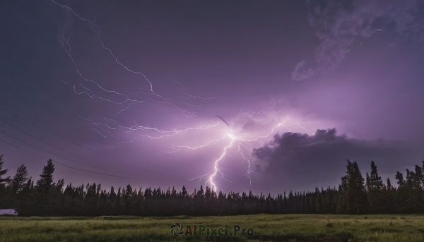 outdoors,sky,cloud,tree,no humans,cloudy sky,grass,nature,scenery,forest,mountain,electricity,road,purple theme,lightning,landscape,signature,night,dark,field,power lines