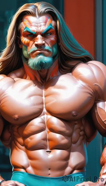 solo,long hair,looking at viewer,blue eyes,1boy,navel,closed mouth,underwear,nipples,blue hair,upper body,white hair,male focus,multicolored hair,stomach,blurry,two-tone hair,muscular,blurry background,facial hair,abs,thick eyebrows,pectorals,muscular male,bara,beard,large pectorals,veins,topless male,hands on hips,mature male,mustache,facepaint,manly,male underwear,biceps,wrestling outfit,thick arms,brown hair,artist name,signature,hand on hip,aqua hair