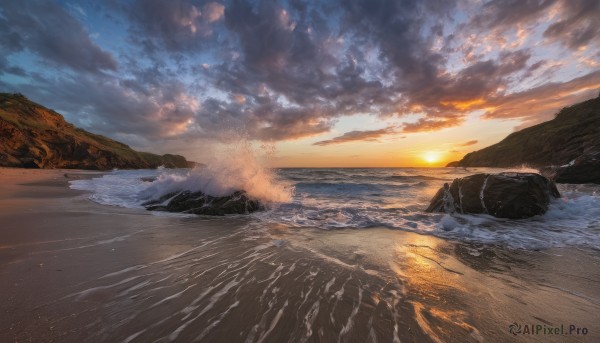 outdoors,sky,cloud,water,no humans,ocean,beach,sunlight,cloudy sky,scenery,sunset,rock,mountain,sand,sun,horizon,waves,shore