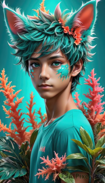 solo,looking at viewer,short hair,bangs,simple background,shirt,hair ornament,1boy,animal ears,closed mouth,green eyes,upper body,flower,short sleeves,male focus,green hair,artist name,cat ears,hair flower,from side,aqua eyes,lips,fox ears,eyelashes,aqua hair,leaf,watermark,blue background,facial mark,expressionless,blue shirt,plant,t-shirt,extra ears,kemonomimi mode,nose,facepaint,midoriya izuku,jewelry,earrings,wolf ears,web address,freckles,fish,bubble,underwater,realistic,coral