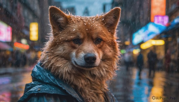 looking at viewer, outdoors, blurry, no humans, night, blurry background, animal, rain, dog, city, realistic, animal focus, clothed animal, shiba inu