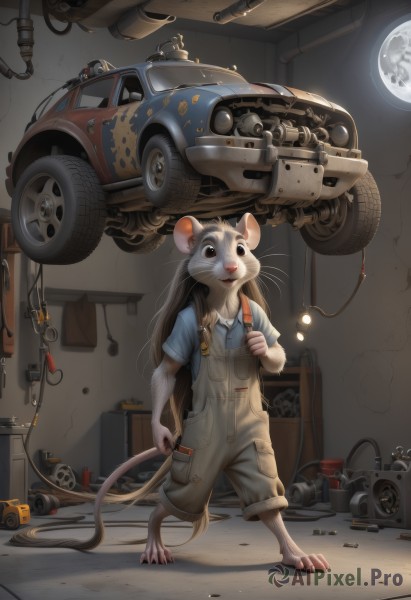 1girl,solo,long hair,brown hair,shirt,holding,animal ears,brown eyes,very long hair,standing,tail,full body,short sleeves,barefoot,collared shirt,artist name,indoors,bag,black eyes,window,suspenders,blue shirt,robot,ground vehicle,motor vehicle,claws,furry,pocket,mouse ears,furry female,overalls,cable,mouse tail,body fur,mouse,whiskers,wrench,mouse girl,shell casing,ladder,light bulb,industrial pipe,blue overalls,tools,smile,open mouth,1boy,male focus,teeth,no humans,shadow,animal,moon,backpack,science fiction,aircraft,furry male,vehicle focus,clothed animal,helicopter,flashlight