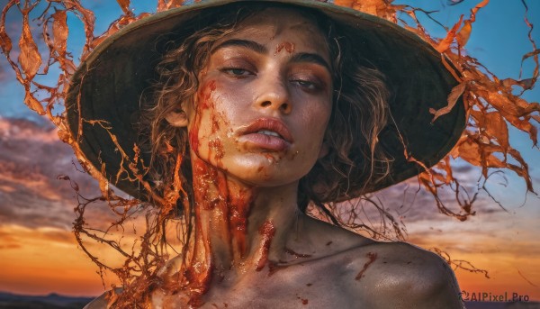 1girl,solo,looking at viewer,short hair,brown hair,black hair,hat,green eyes,collarbone,nude,outdoors,parted lips,sky,teeth,day,cloud,blurry,blue sky,lips,blood,blurry background,thick eyebrows,portrait,freckles,sunset,blood on face,realistic,nose,blue eyes,tree,black headwear,half-closed eyes,cloudy sky,branch,mole on cheek