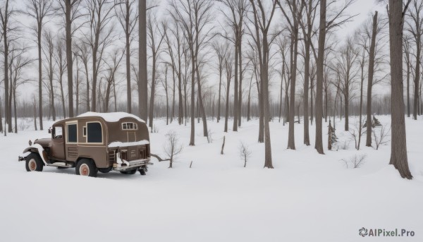 outdoors,tree,no humans,ground vehicle,nature,scenery,motor vehicle,snow,forest,car,winter,vehicle focus,bare tree,truck,day,road,footprints