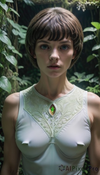 1girl,solo,breasts,looking at viewer,short hair,bangs,blue eyes,brown hair,shirt,bare shoulders,jewelry,medium breasts,closed mouth,upper body,outdoors,sleeveless,blurry,covered nipples,tree,lips,blurry background,leaf,gem,nature,forest,freckles,realistic,nose,dappled sunlight,dress,parted lips,plant,breasts apart