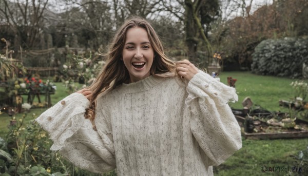 1girl,solo,long hair,looking at viewer,smile,open mouth,brown hair,long sleeves,closed eyes,upper body,flower,:d,outdoors,teeth,day,blurry,sweater,tree,sleeves past wrists,hands up,blurry background,upper teeth only,grass,nature,scenery,facing viewer,rock,realistic,white sweater,photo background,real life insert,reference inset,photo inset,brown eyes