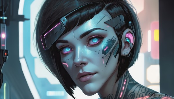 1girl,solo,looking at viewer,short hair,bangs,blue eyes,black hair,jewelry,closed mouth,earrings,mole,blurry,lips,eyelashes,tattoo,makeup,blurry background,swept bangs,glowing,colored skin,headgear,piercing,ear piercing,portrait,close-up,eyeshadow,science fiction,realistic,nose,android,stud earrings,eyeliner,cable,cyborg,robot joints,mascara,cyberpunk,artificial eye,mechanical eye,hologram,parted lips,bob cut,glowing eyes,asymmetrical hair,neck tattoo,eyebrow piercing