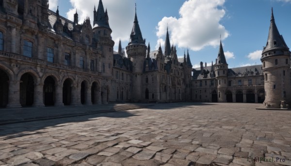 outdoors,sky,day,cloud,blue sky,no humans,shadow,cloudy sky,building,scenery,fantasy,road,architecture,castle,tower,path,arch,pavement,stone floor,city